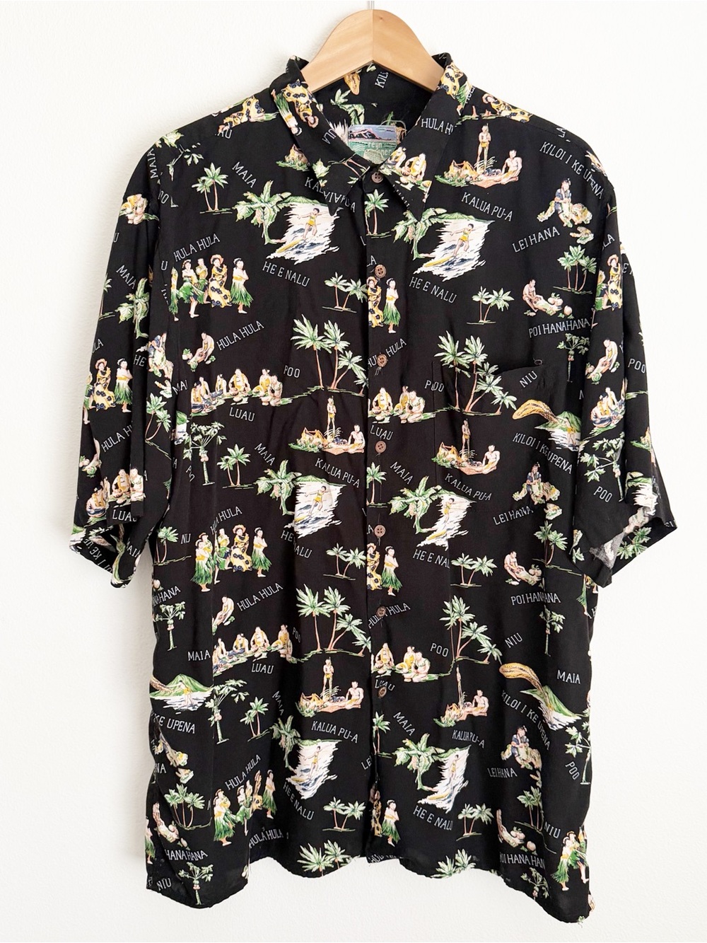 Vtg 1990s Reyn Spooner Hawaiian Shirt XXL Black Hula Surf Luau Reverse Button